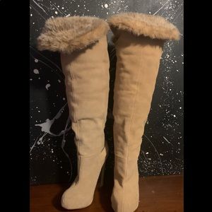Tan furry high heel boots
